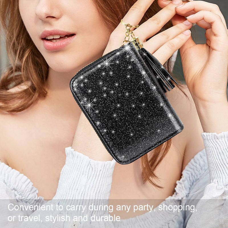 Coco Rossi Women's Small Credit Card Wallet ID Card Case for Girls RFID Glitter Cute Accordion Card Holder -Black Glitter - Image 5